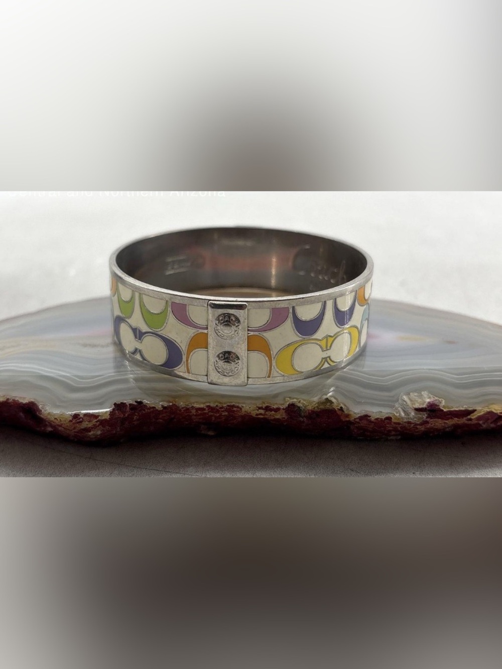 Coach Silver Enamel Bangle with Multicolor Signature Pattern - Picture 2 of 5